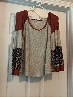 7th Ray Beige and Rust Colorblock Long Sleeve Top with Leopard Print